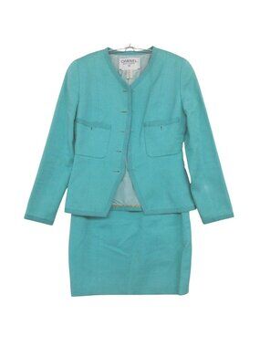 Chanel Suit Vintage Allover Jacquard Set Collarless Jacket Tight Skirt Light